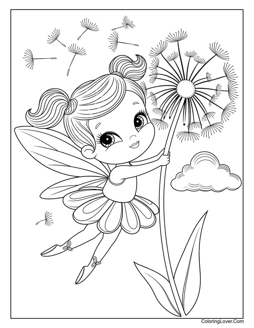 Cute fairy holding dandelion coloring page for girls