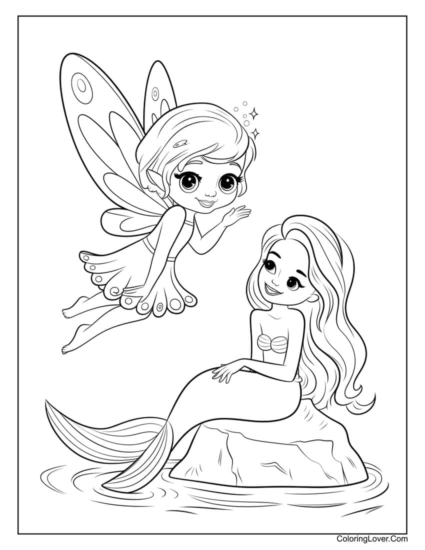 Cute fairy meeting mermaid on rock coloring page for girls