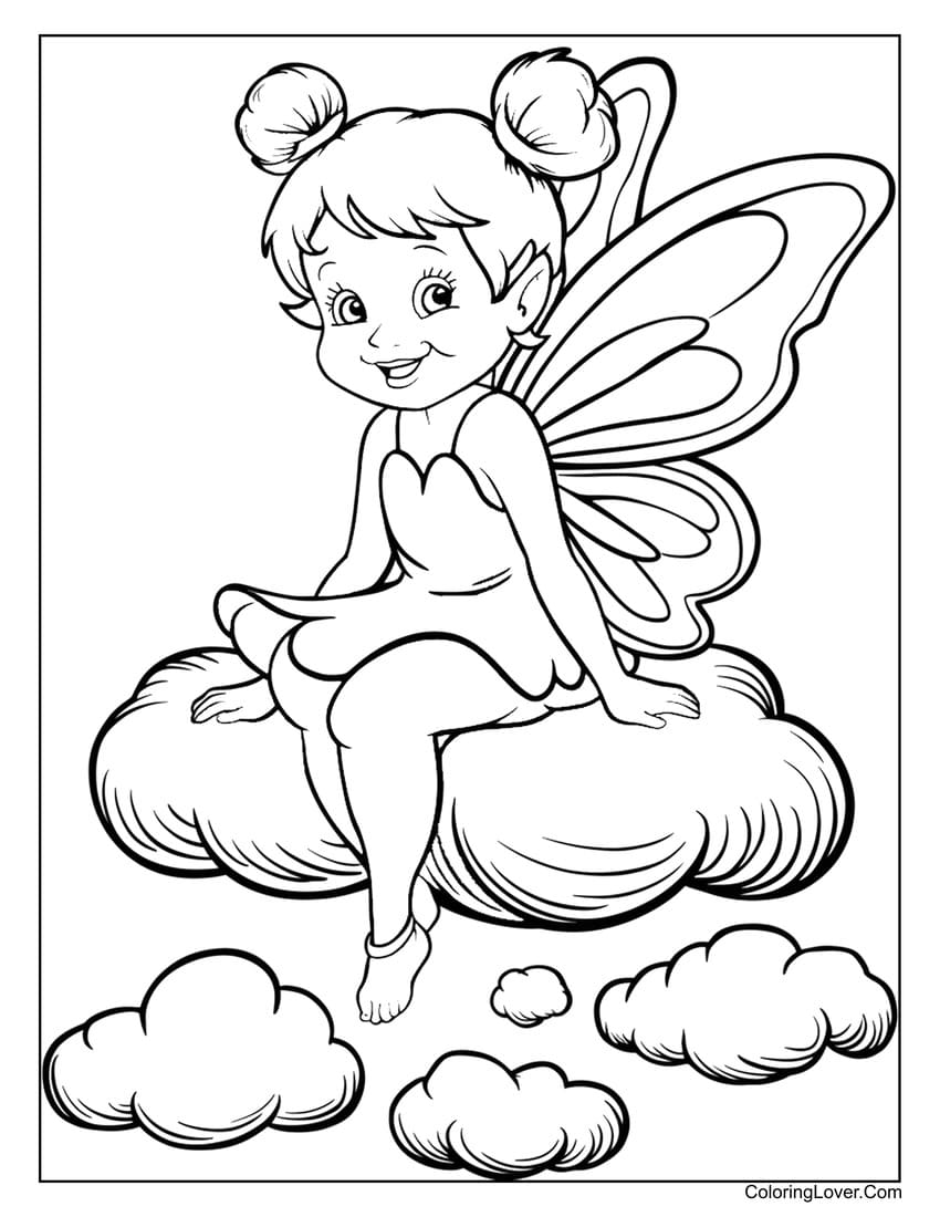 Cute fairy sitting on a fluffy cloud coloring page for girls