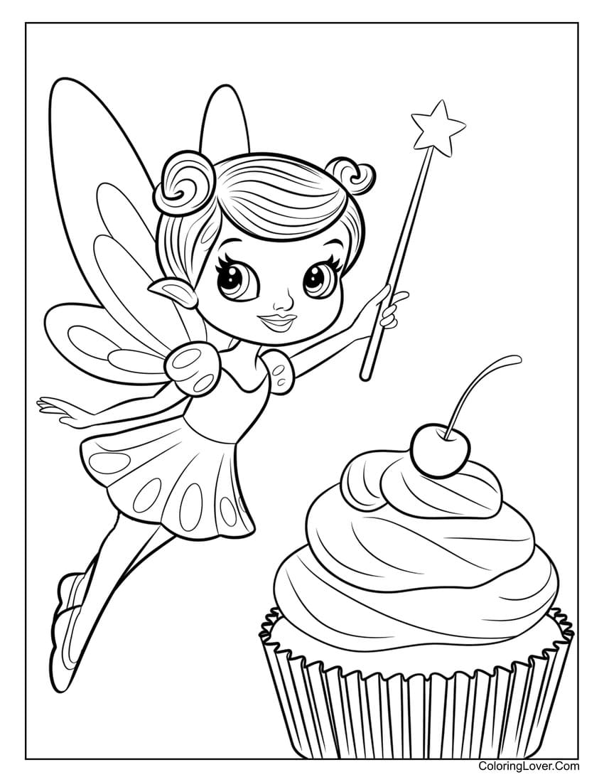 Cute fairy with magic wand and cupcake coloring page for kids