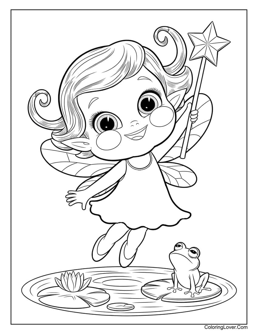 Cute fairy with magic wand near a frog coloring page