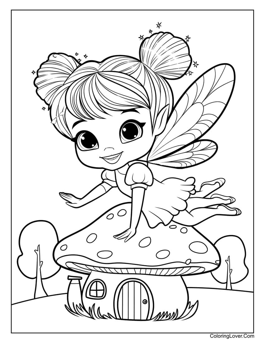 Cute flying fairy on mushroom house coloring page for kids