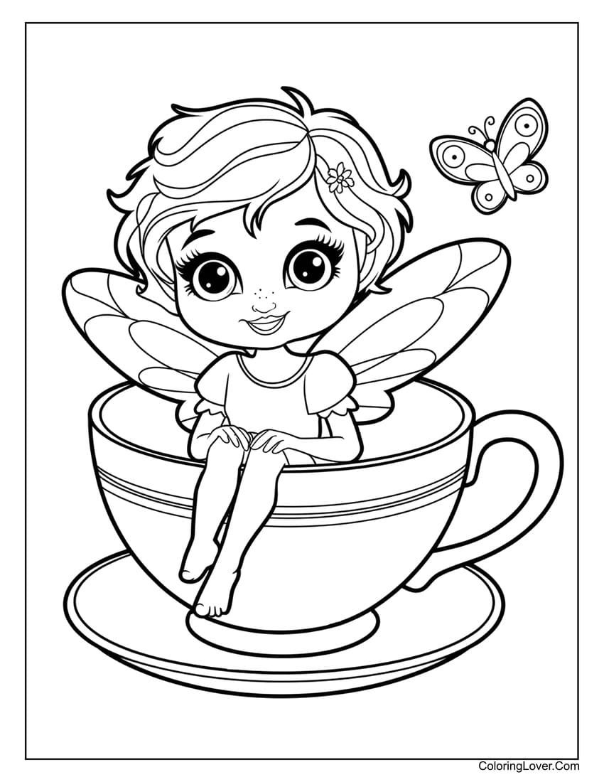 Cute little fairy inside a teacup coloring page