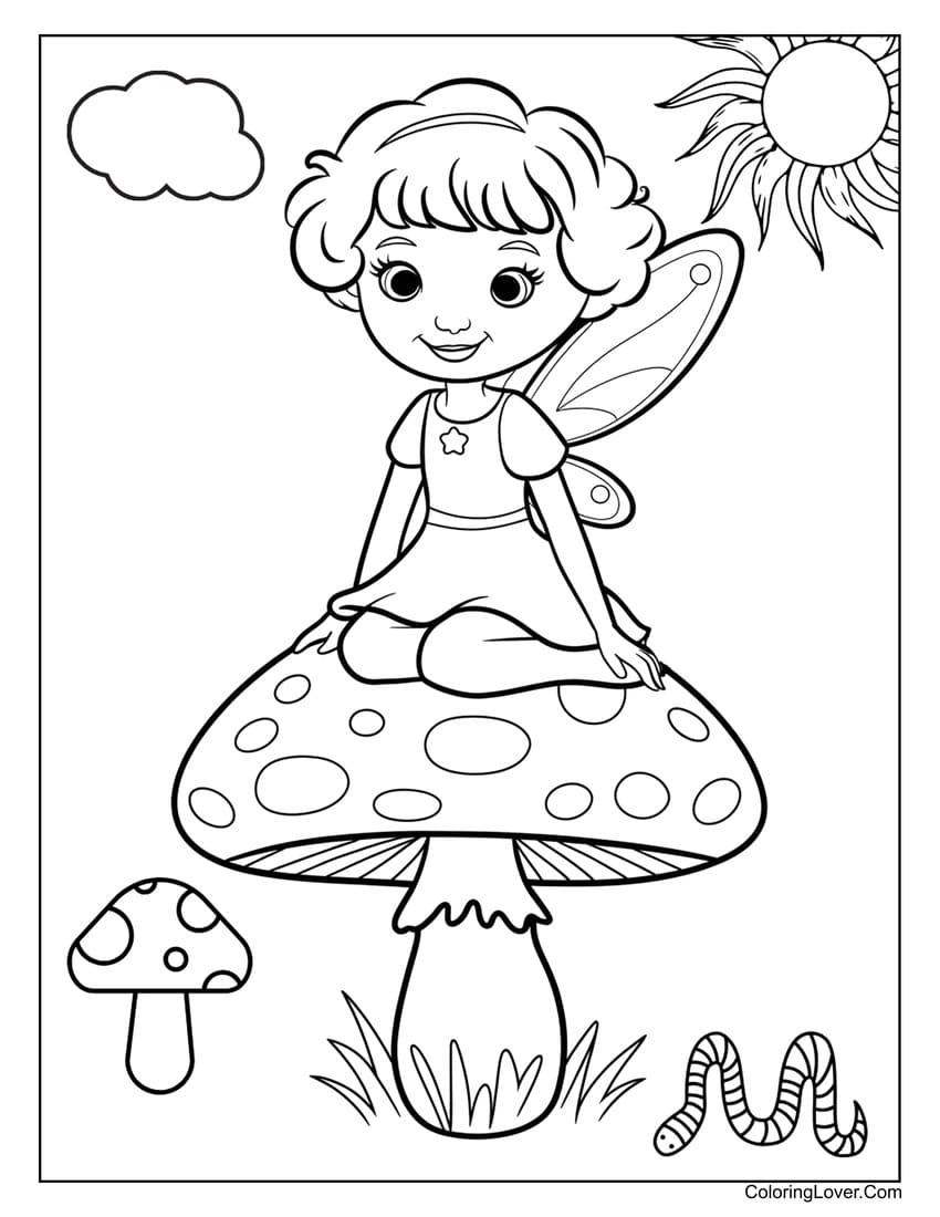 Cute little fairy sitting on a mushroom coloring page