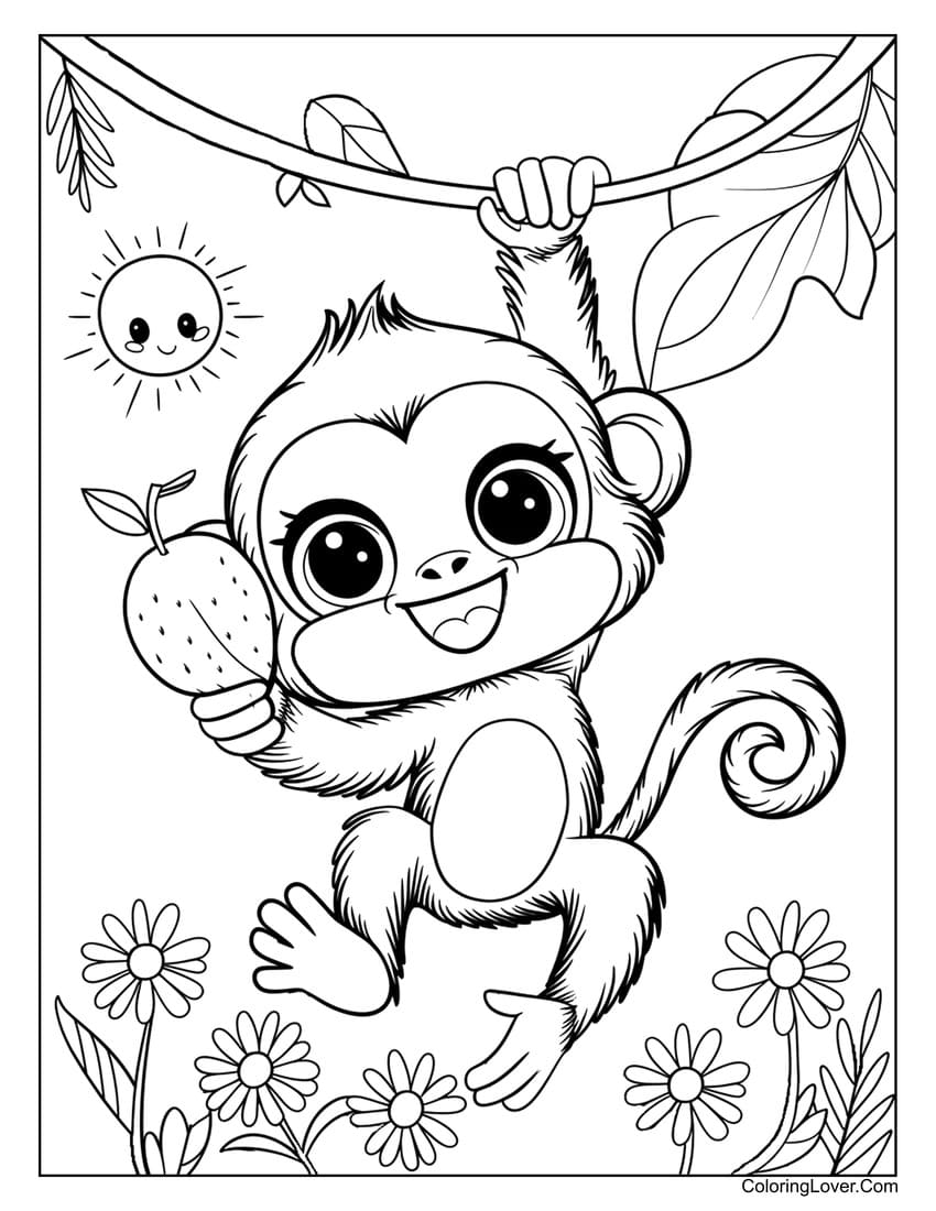 Cute monkey hanging from tree with summer fruit coloring page