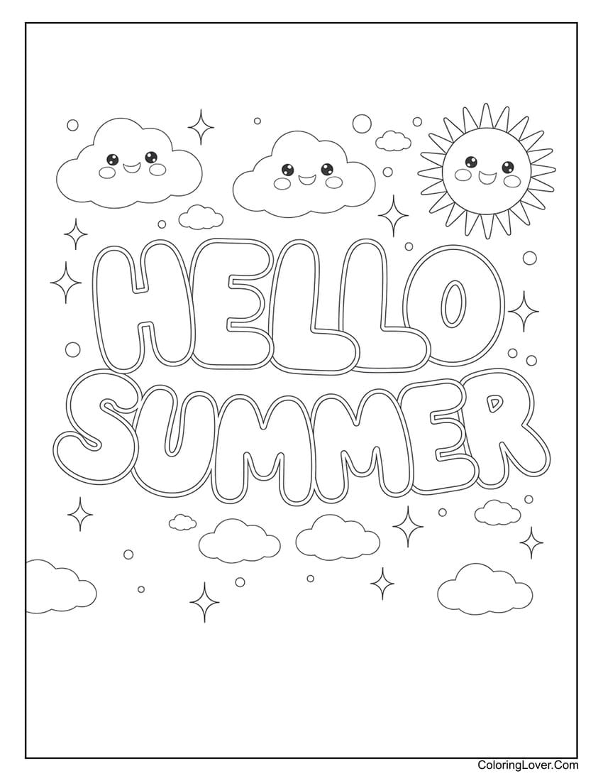 Cute smiling sun and clouds hello summer coloring page for kids