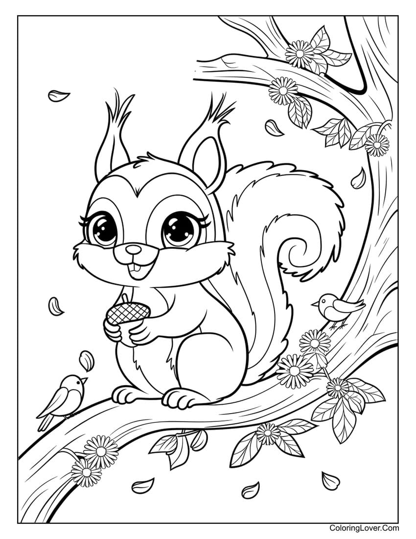 Cute squirrel on tree with flowers and birds coloring sheet