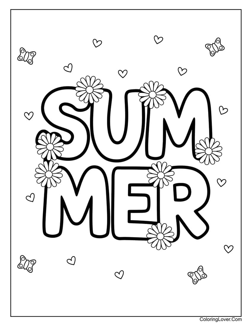 Decorative summer text with flowers and hearts coloring page