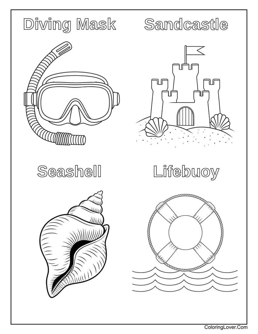 Diving mask, sandcastle, seashell, lifebuoy summer coloring sheet