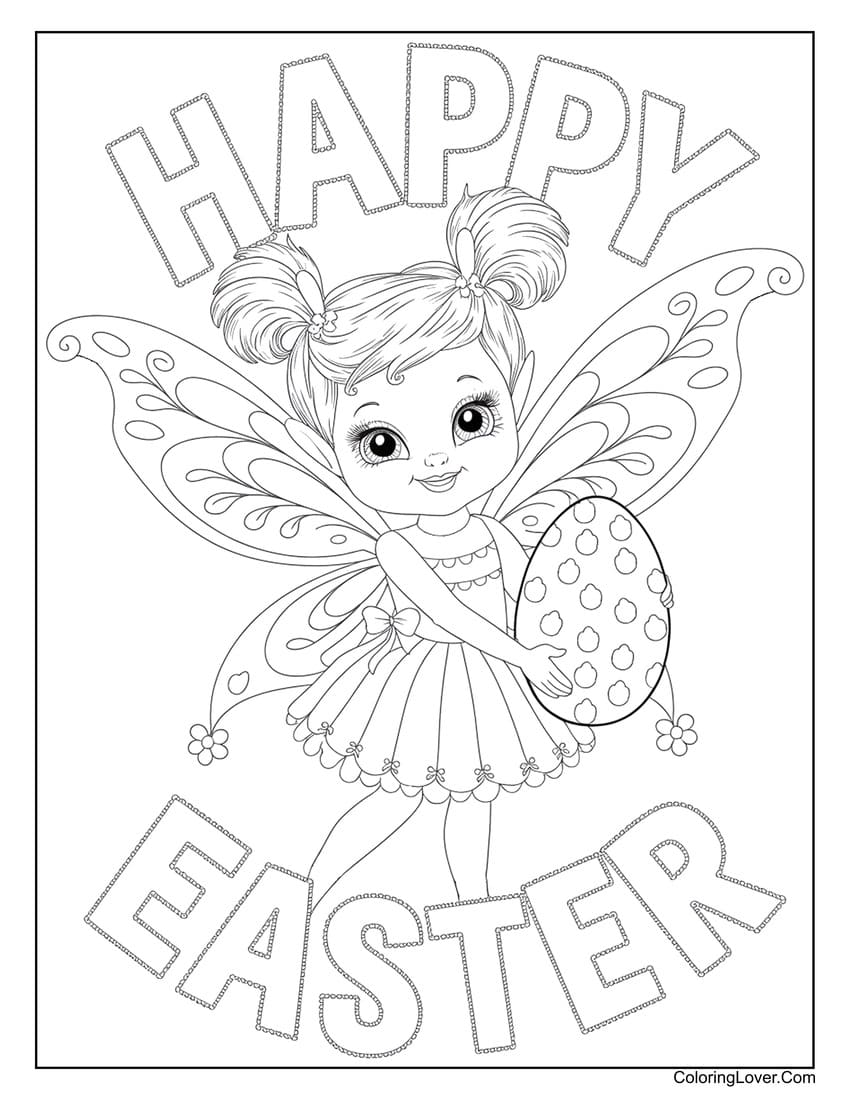 Easter fairy holding a decorated egg coloring page