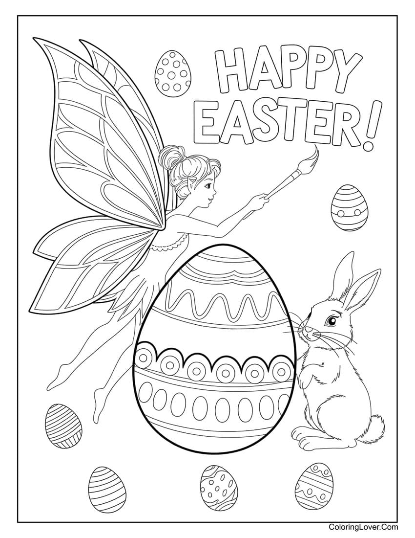 Easter fairy painting eggs coloring page