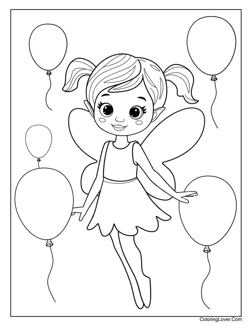 Easy fairy floating with balloons coloring page