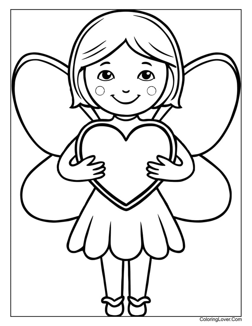 Easy fairy holding a heart coloring page for preschool