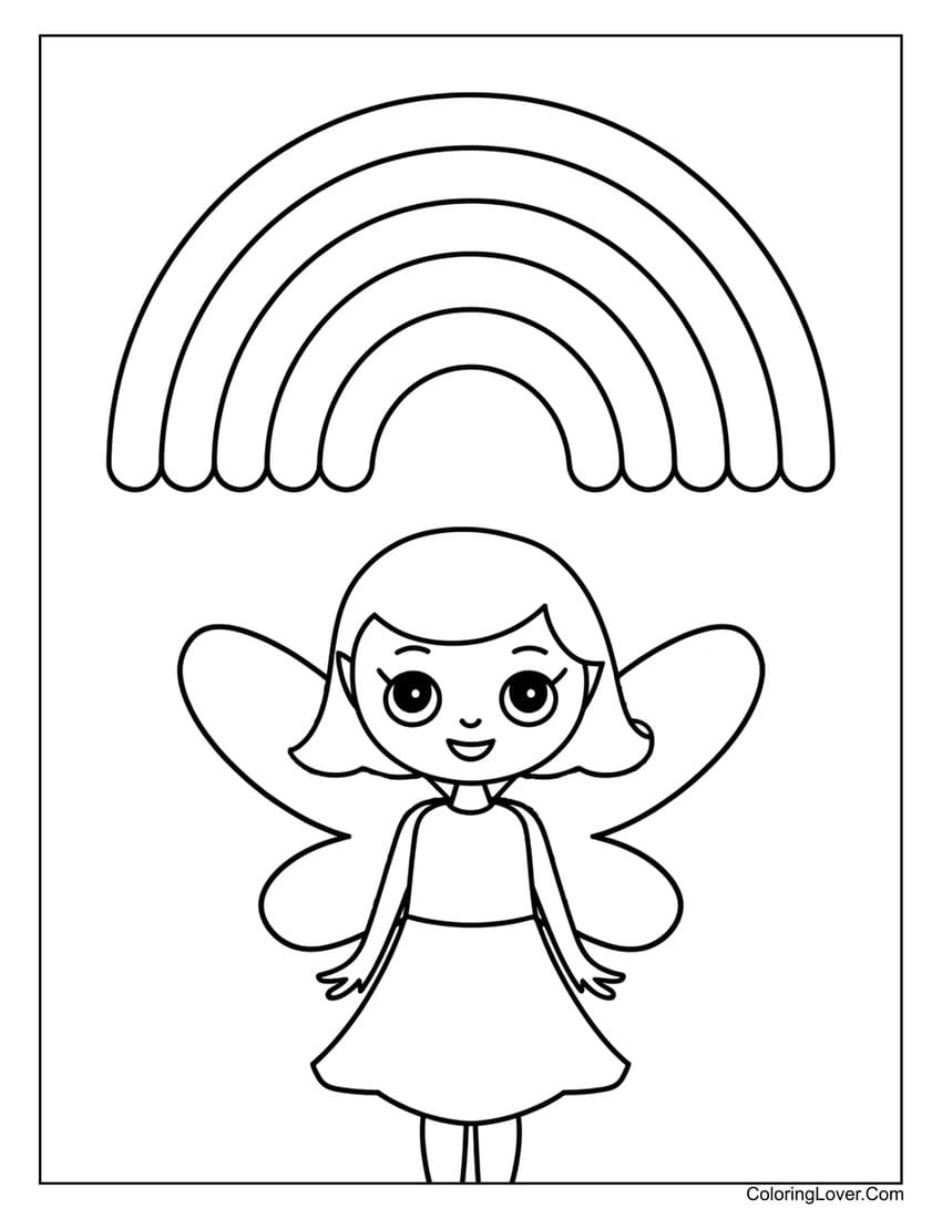 Easy fairy standing under a rainbow coloring page for preschool