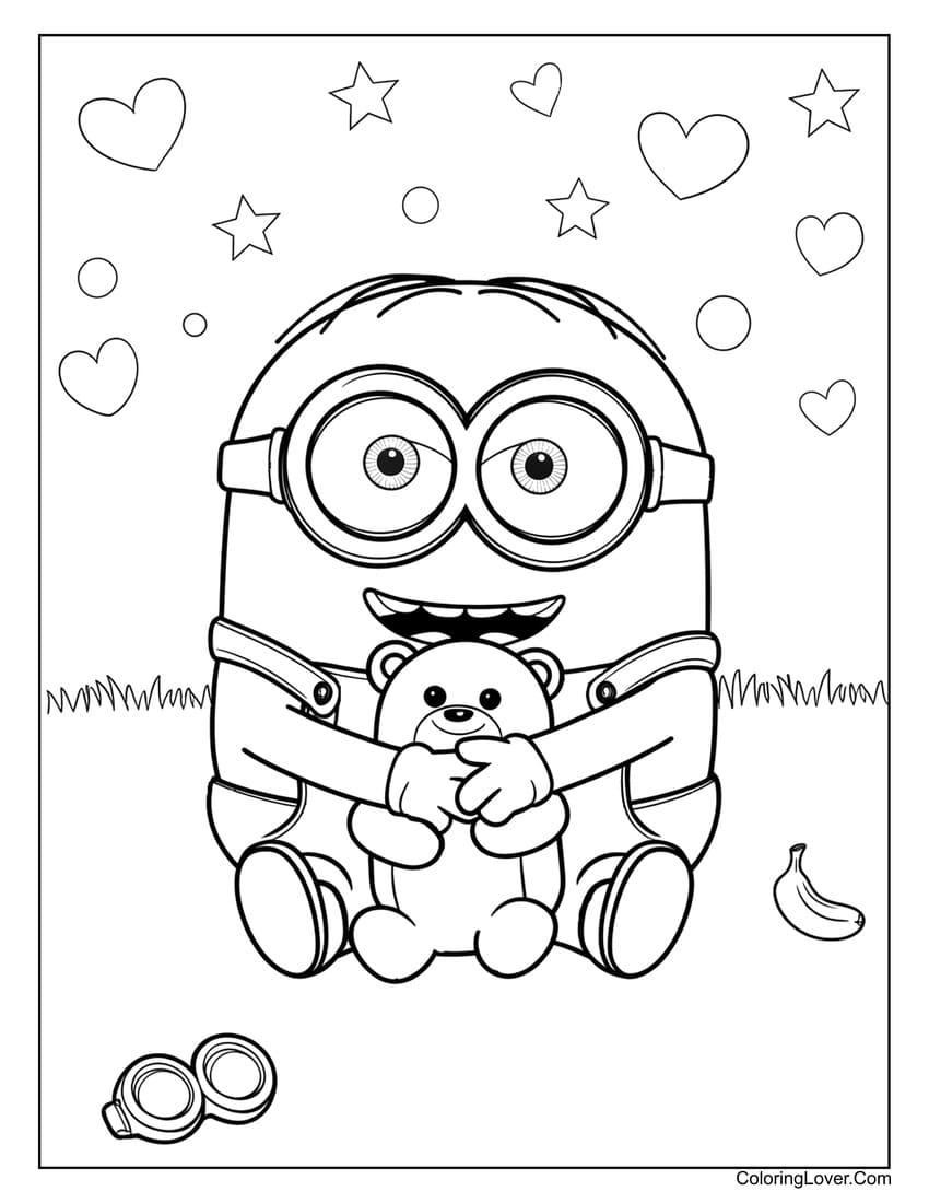 Easy Minion hugging a teddy bear coloring page for kids