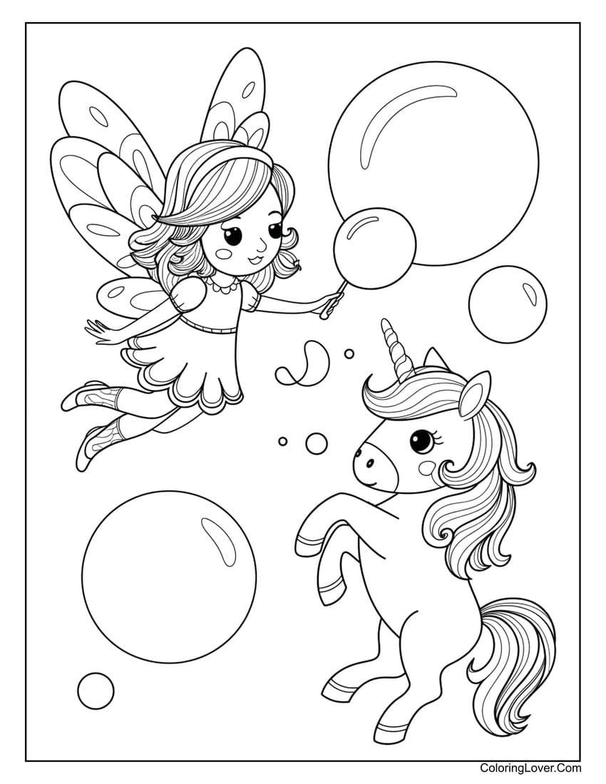 Fairy blowing bubbles with unicorn coloring page