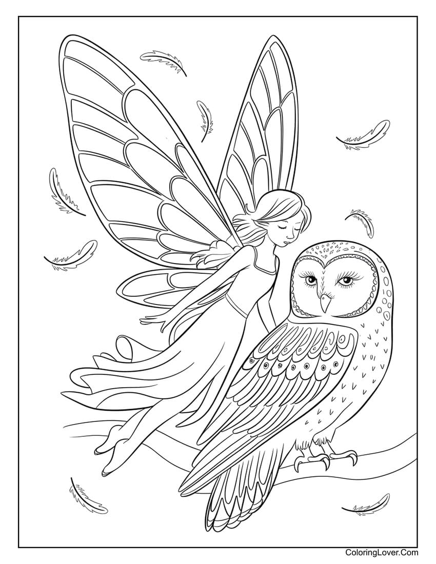 Fairy flying next to a majestic owl coloring page