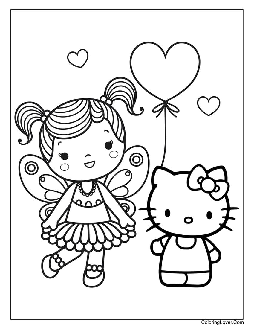 Fairy girl and Hello Kitty coloring page for girls