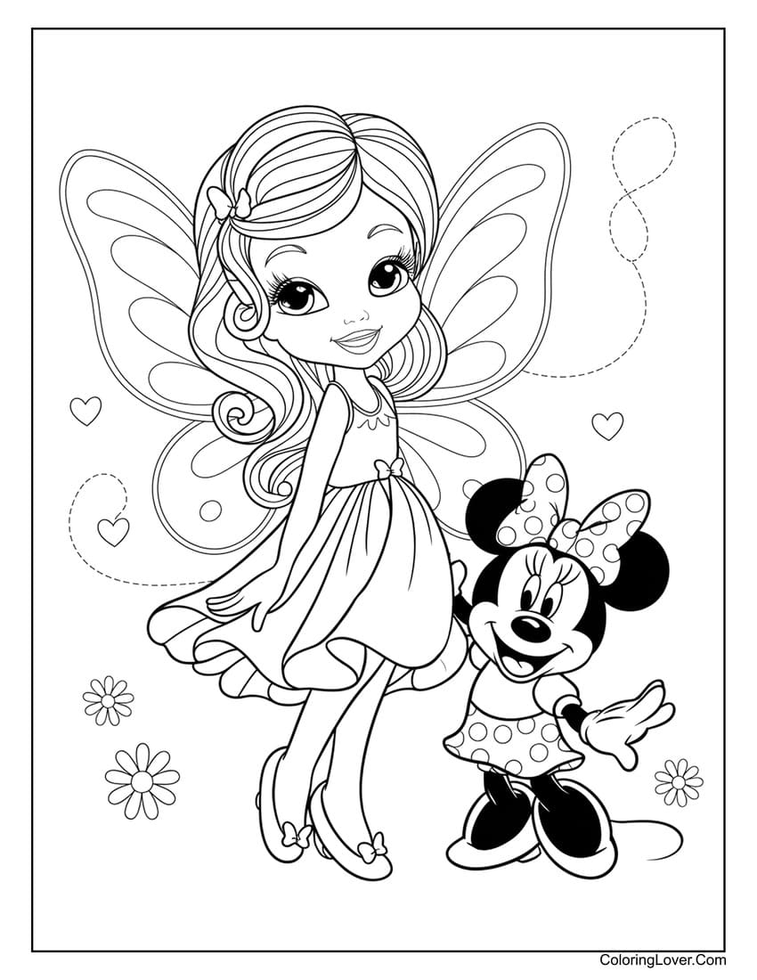 Fairy girl and Minnie Mouse coloring page