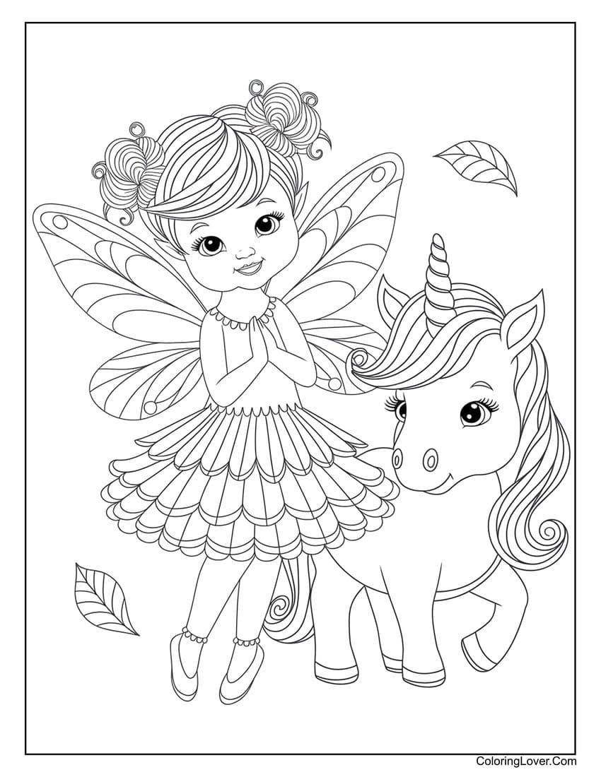 Fairy girl standing beside a unicorn coloring page