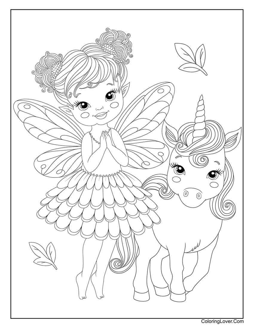 Fairy girl with cute unicorn coloring page