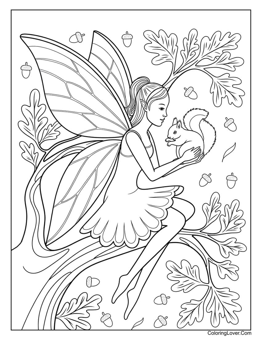 Fairy holding a squirrel on a tree coloring page