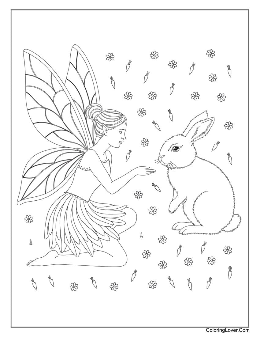 Fairy kneeling and playing with a rabbit coloring page