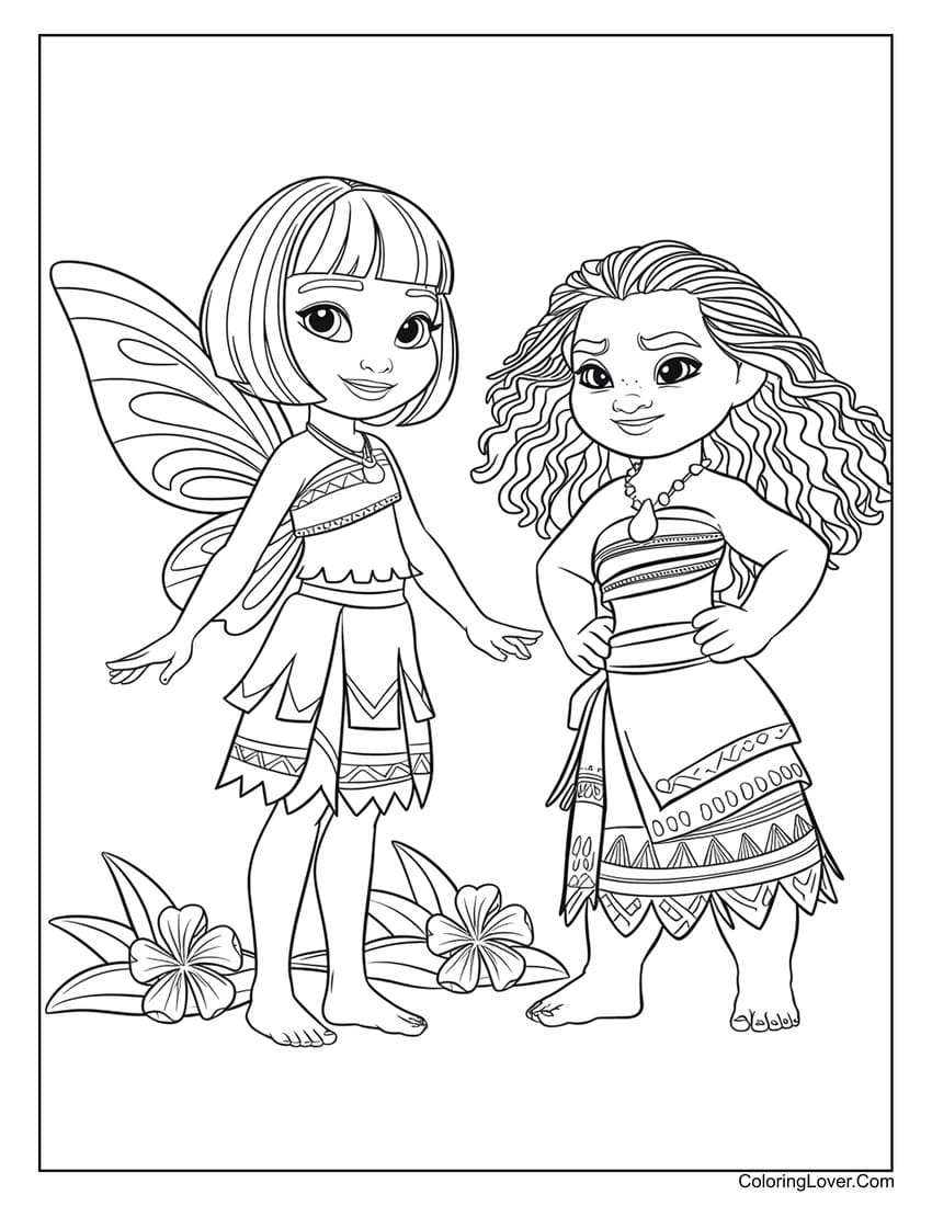 Fairy princess and Moana island adventure coloring page