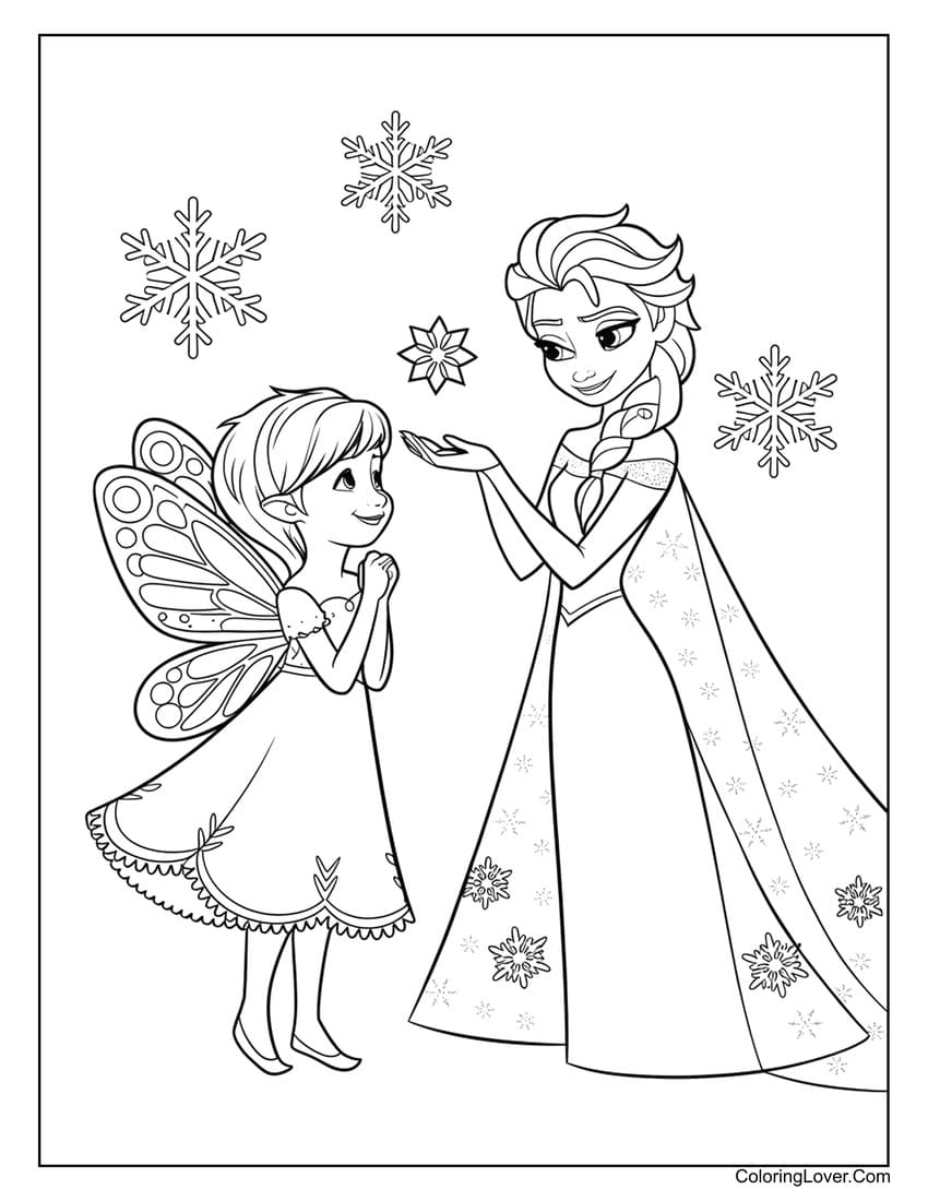 Fairy princess with Elsa snowflakes coloring page for girls