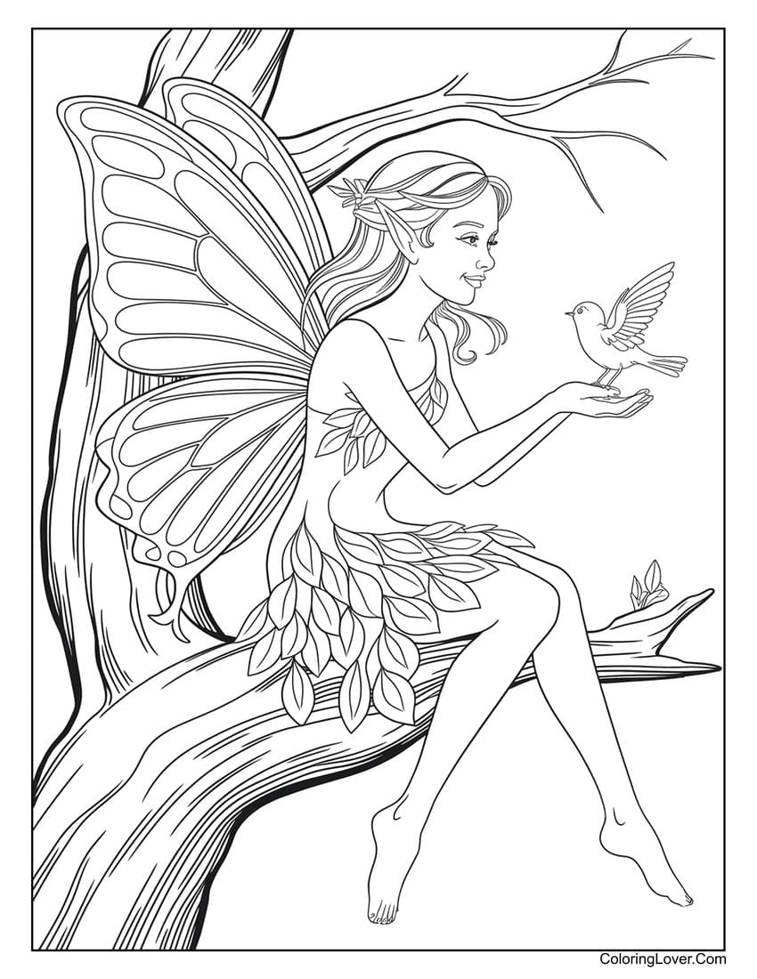 Fairy sitting on a tree branch with a bird coloring page