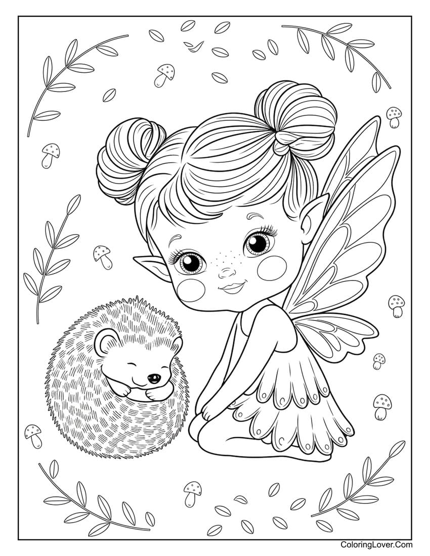 Fairy sitting with a cute hedgehog coloring page