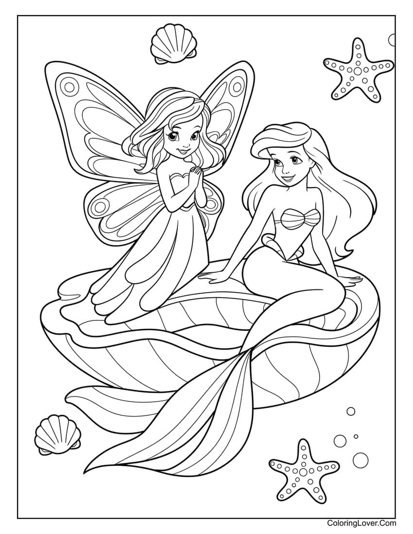 Fairy sitting with Ariel mermaid coloring page for girls