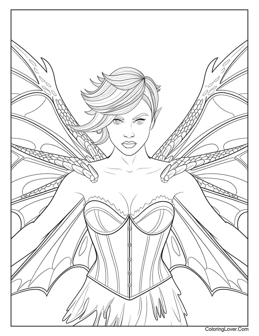 Fierce realistic fairy with dragon-like wings coloring page for adults