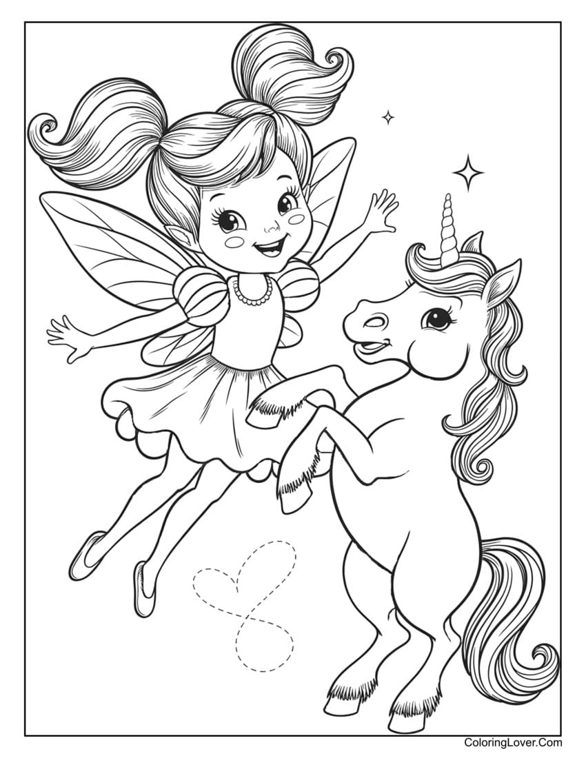 Flying fairy playing with unicorn coloring page