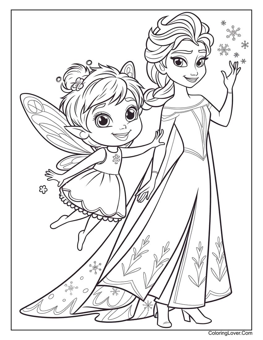 Flying fairy with Elsa magic coloring page for girls