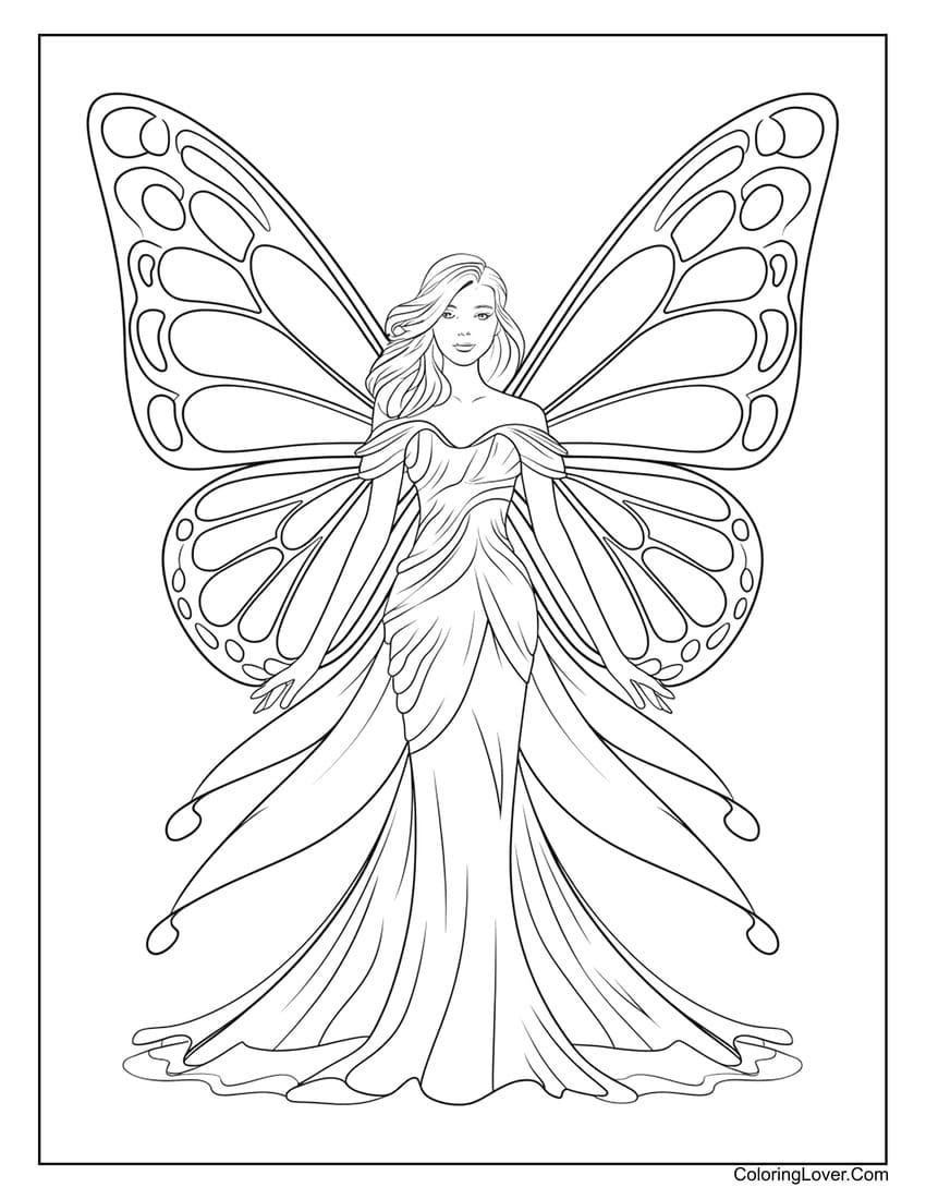 Graceful fairy with large detailed wings coloring page