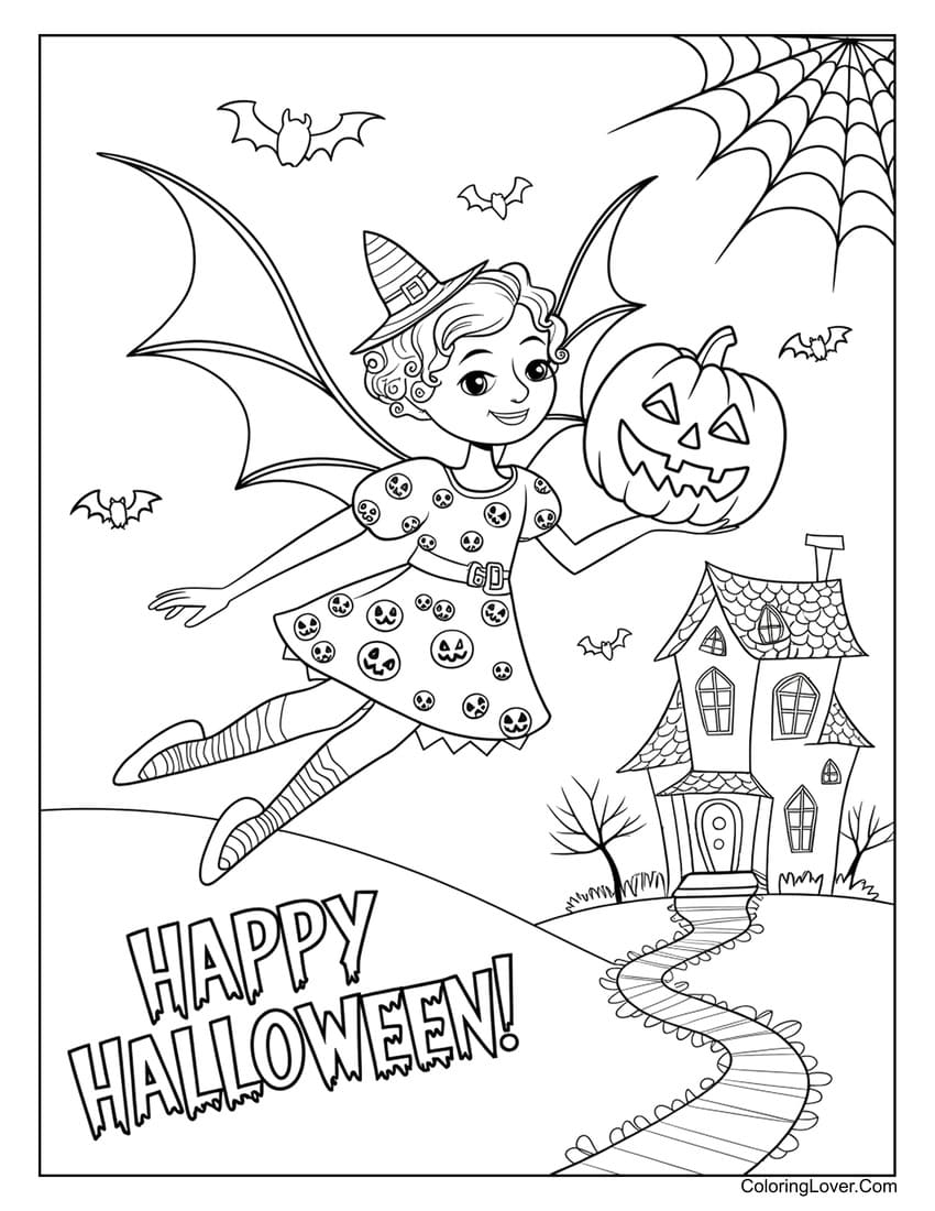 Halloween fairy flying with a pumpkin coloring page