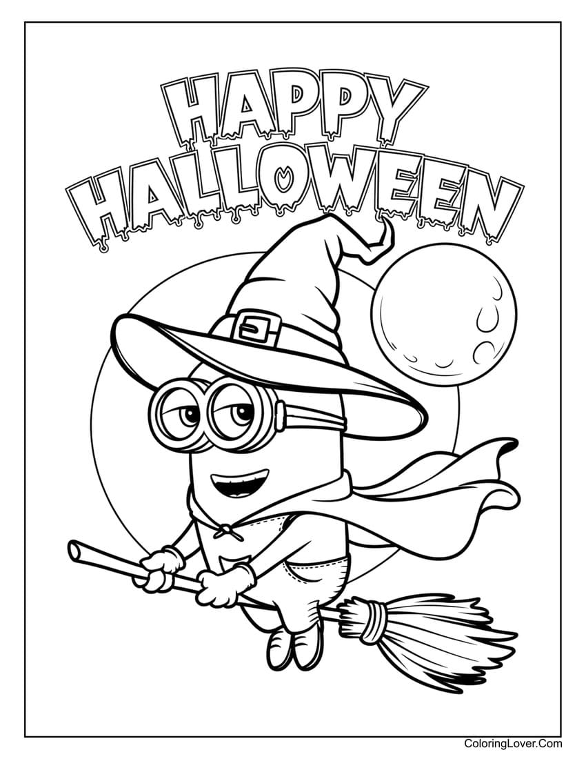 Halloween Minion flying on a broom coloring page