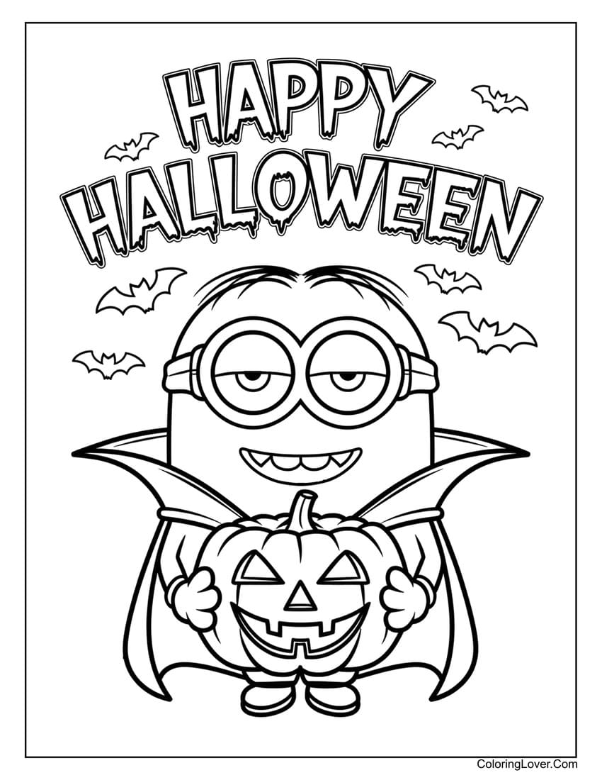 Halloween Minion holding a pumpkin coloring page