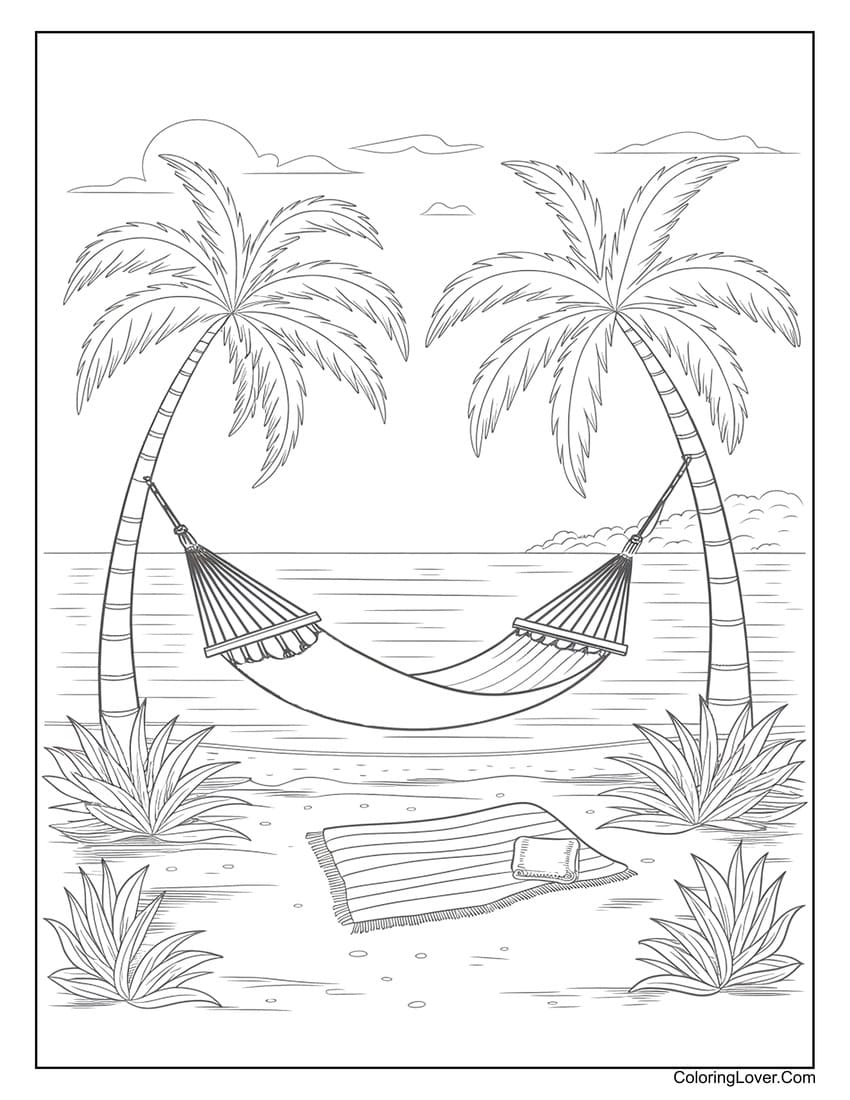 Hammock hanging between palm trees with a beach towel nearby