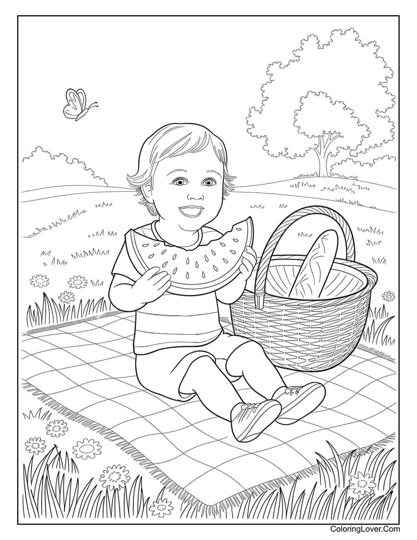 happy child eating watermelon at picnic summer coloring page