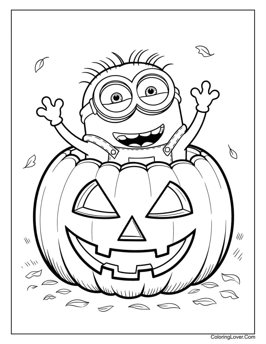 Happy Minion inside a Jack-o'-lantern coloring page