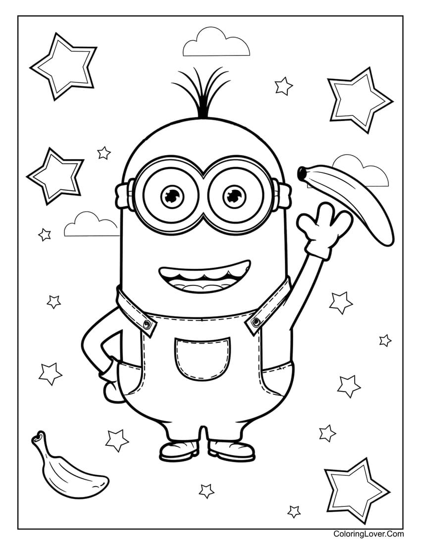 Happy Minion throwing a banana coloring page