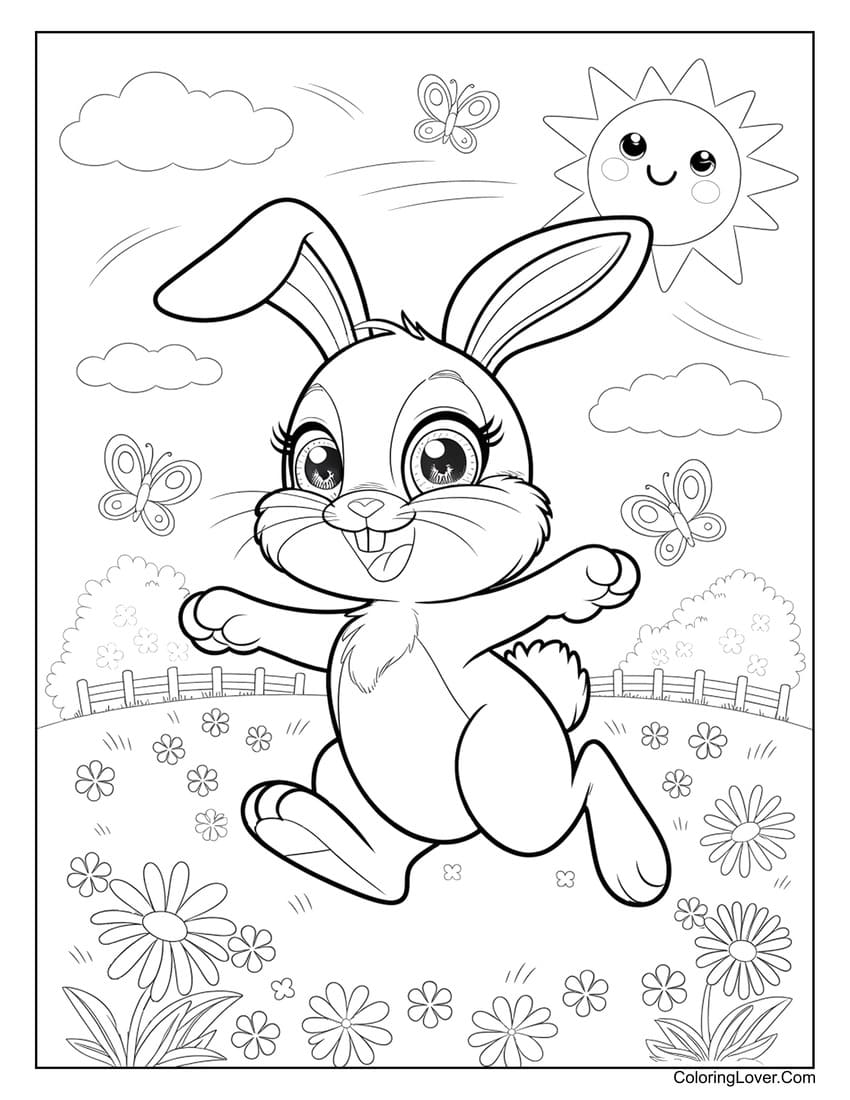 Happy summer bunny jumping in flower field coloring page