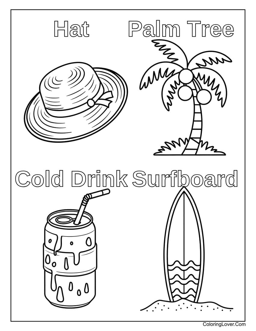 Hat, palm tree, cold drink, surfboard summer coloring page