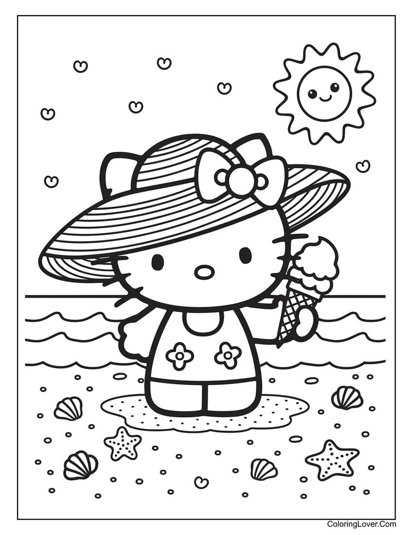 Hello Kitty wearing a sunhat with ice cream at the beach coloring page