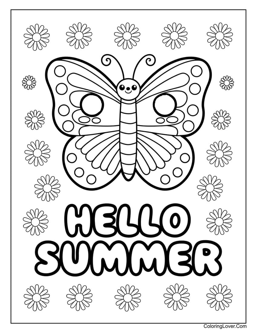 Hello summer butterfly with flowers coloring sheet