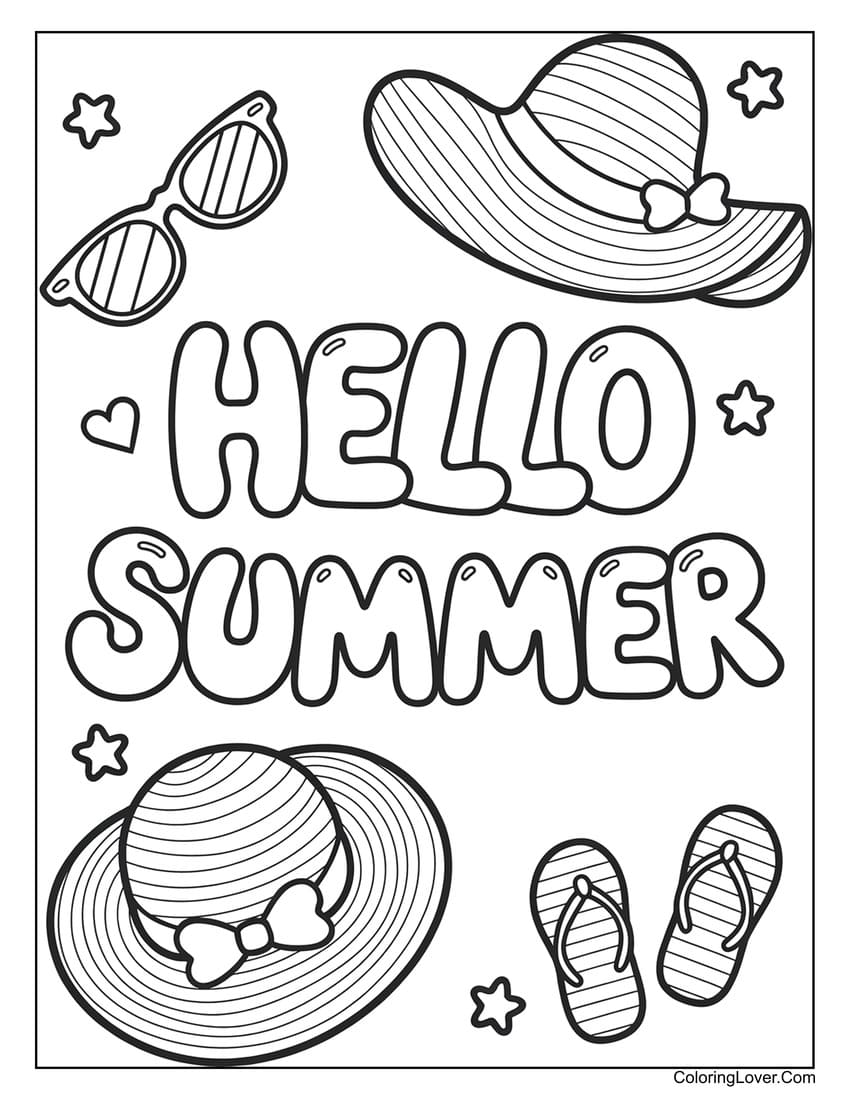 Hello summer text with beach accessories coloring page for kids