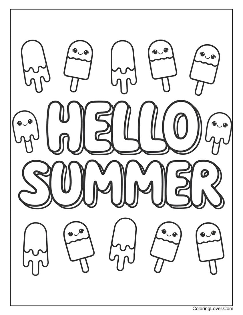 Hello summer text with kawaii popsicles coloring page for kids