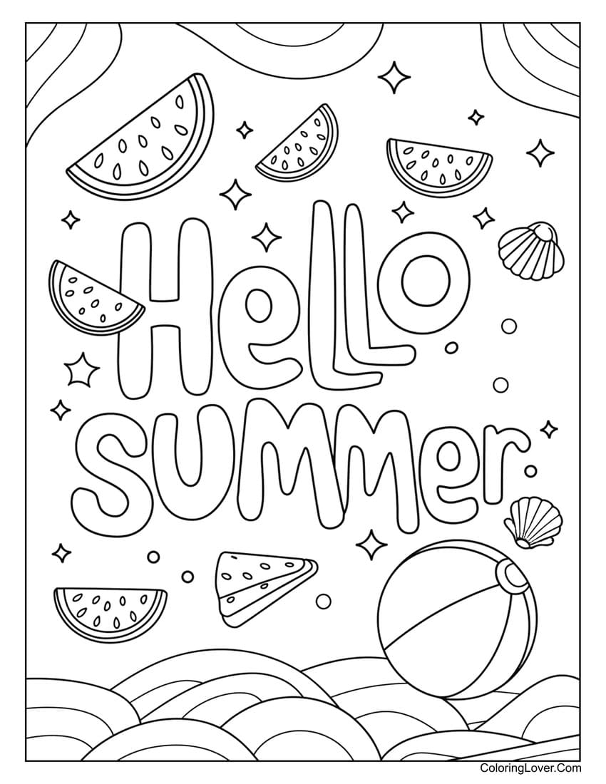 Hello summer text with watermelon and beach ball coloring page for kids